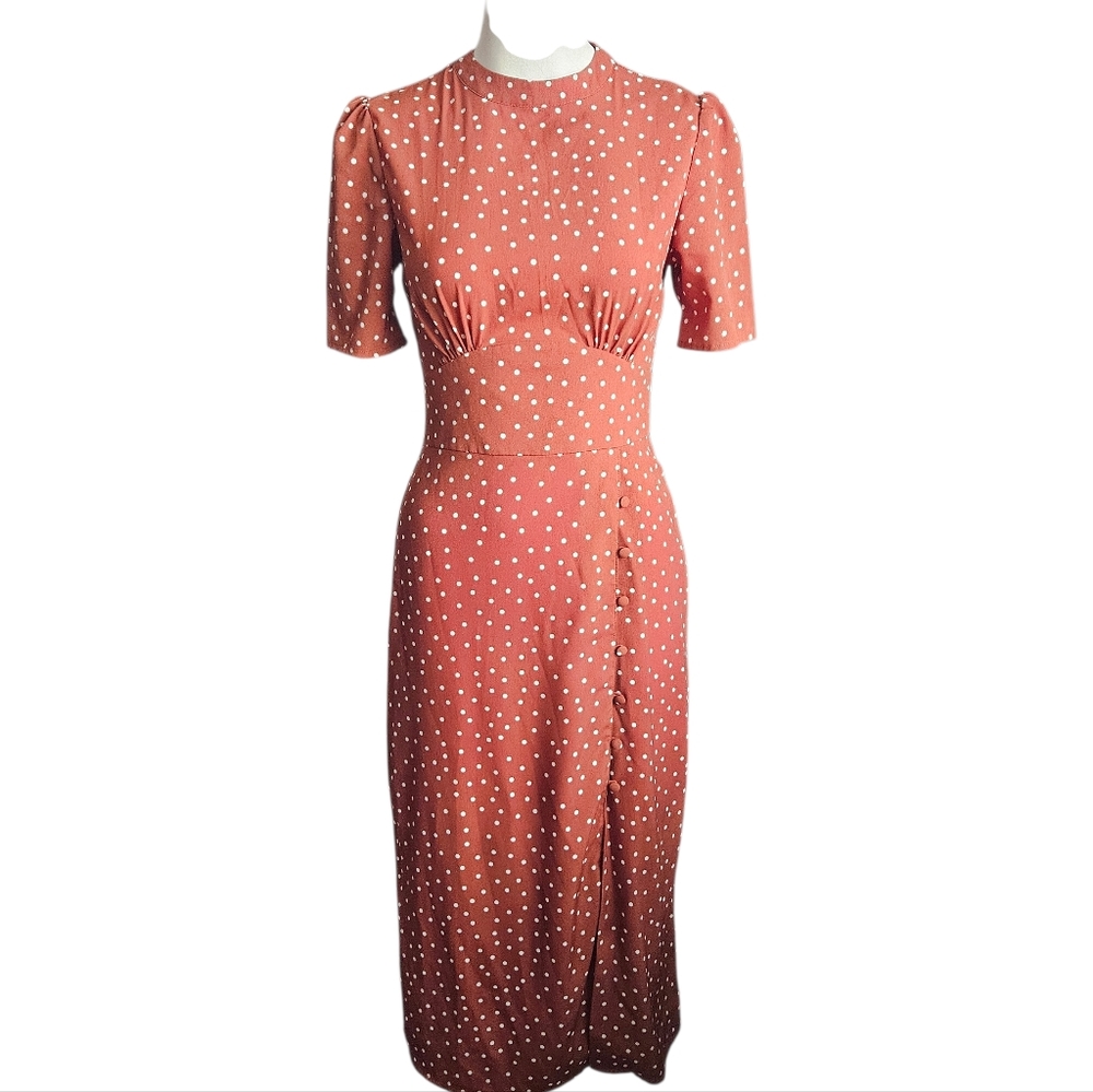 ASOS Brown Midi‎ Tea Dress with Buttons White Polka Dot Sz 4 Pretty Woman